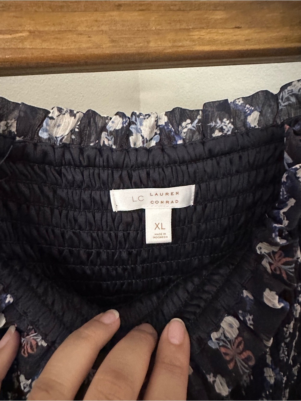 LC Lauren Conrad Navy Floral Smocked Midi with Puff Sleeves - Picture 2 of 3